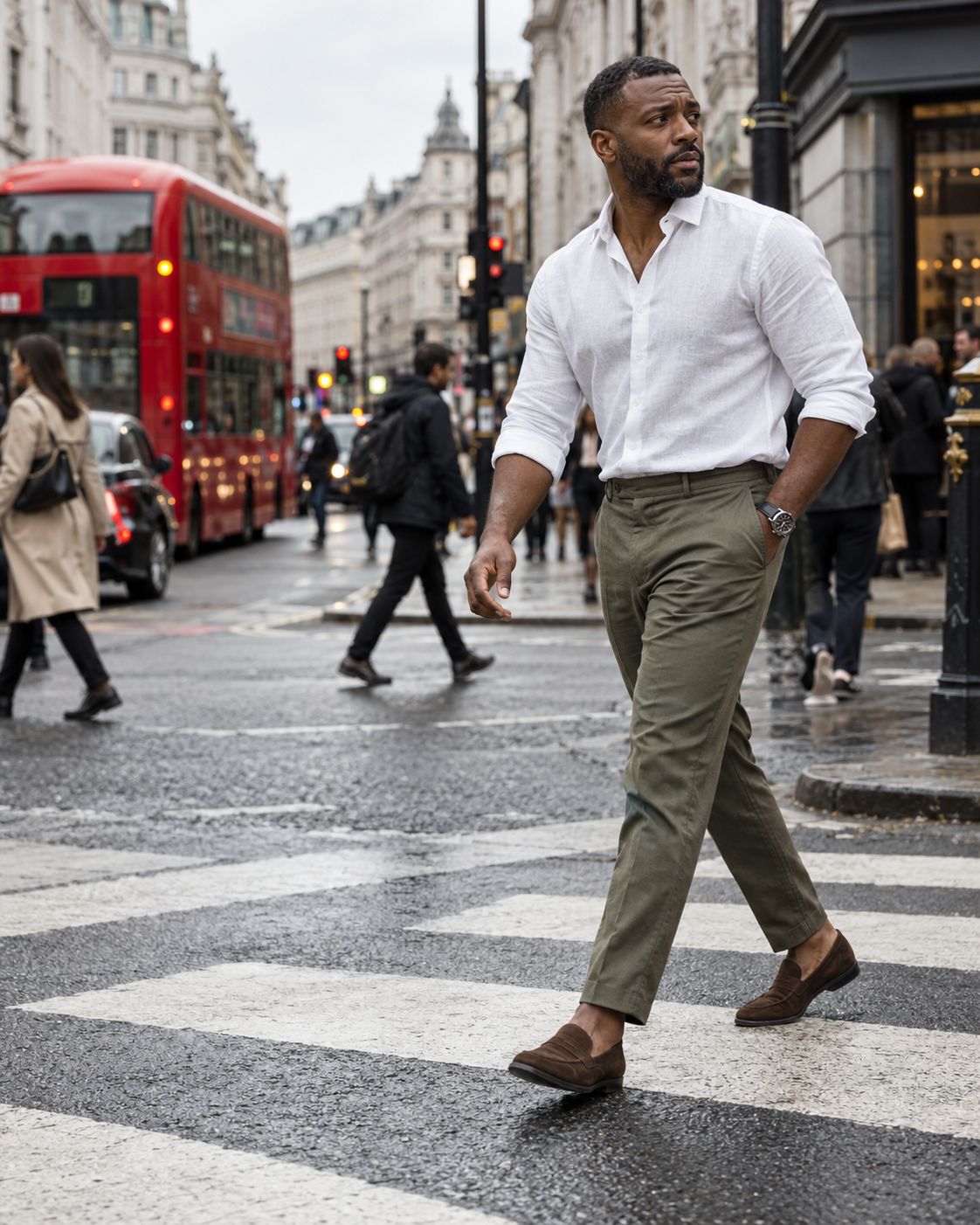 Man in a white linen shirt crossing a London street