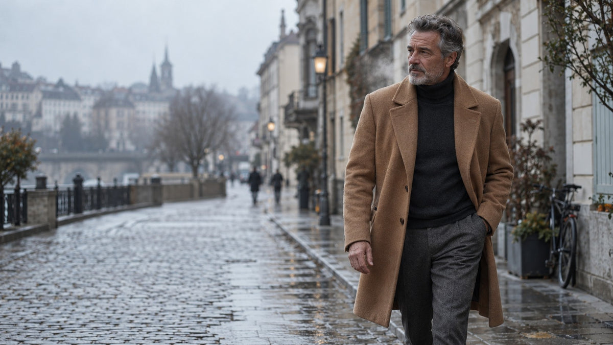 Man in a camel wool overcoat walking through an old town on a winter morning